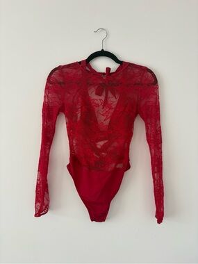 La Vie En Rose Red Sheer Lace Long-Sleeve Bodysuit